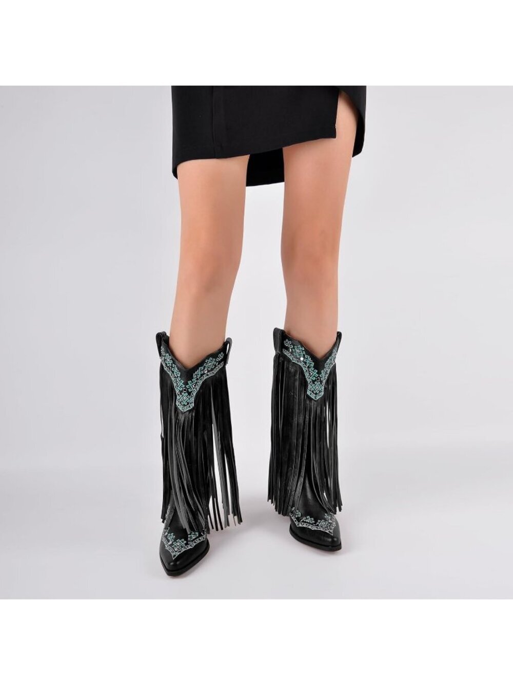 Women's Black Fringe Mid Calf Boots with Rivets Embroidered - Picture 2 of 6